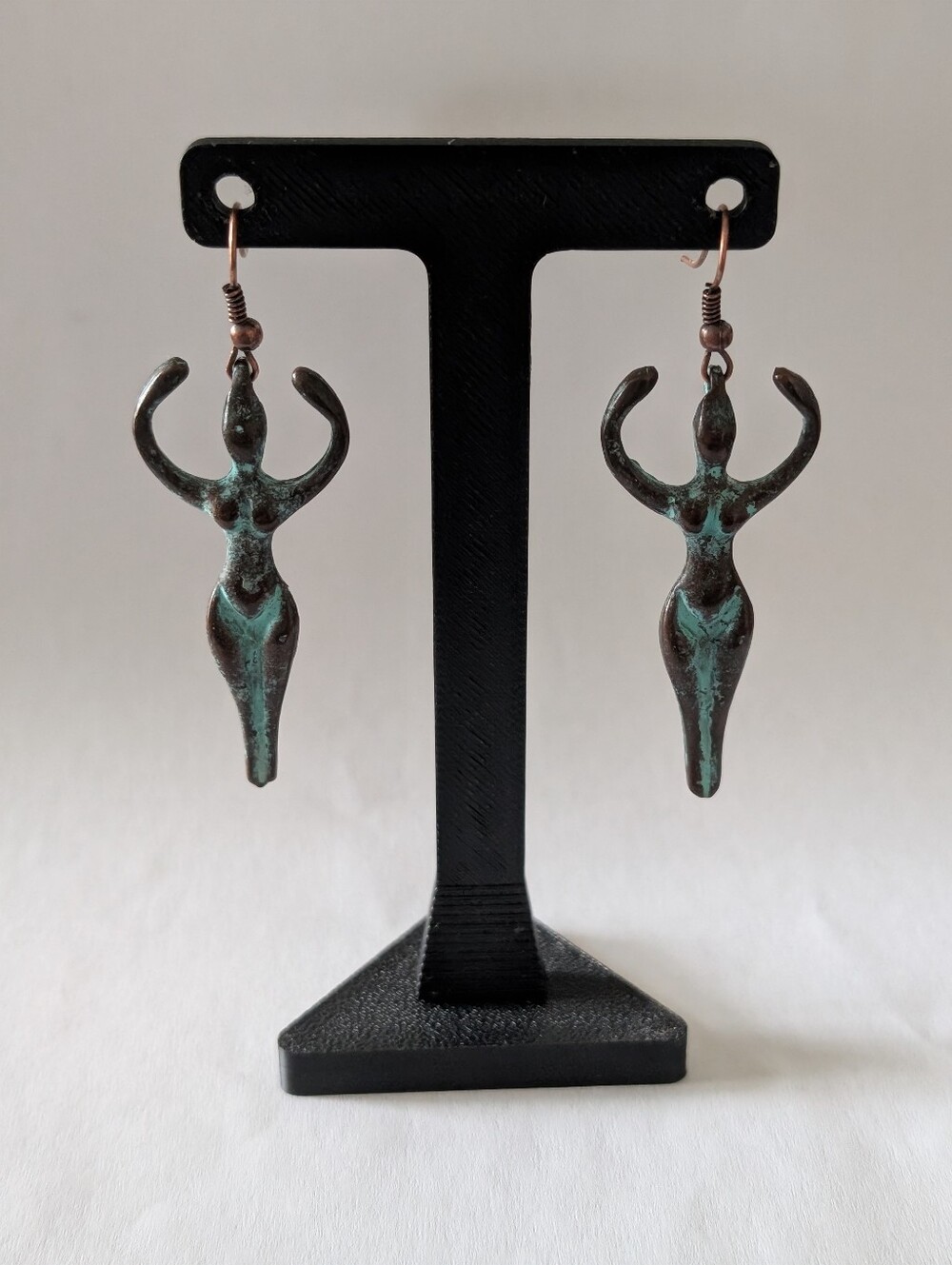 Goddess Figure Dangle Earrings • Verdigris Patina Boho Earrings • Vintage Pagan